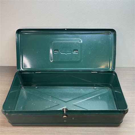 1950s metal box with push on printed on it|Climax Brand Tool Box Green Metal 5 x 11 With Push Button .